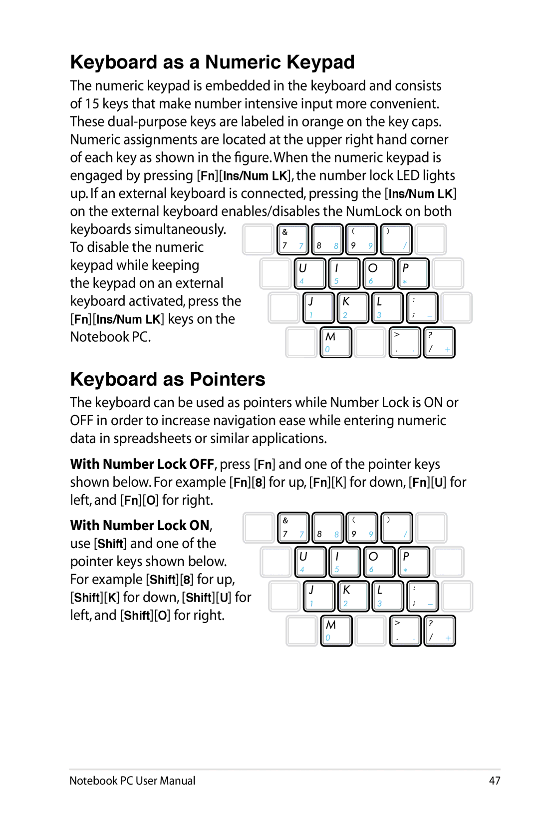 Asus K53EXR4 user manual Keyboard as a Numeric Keypad 