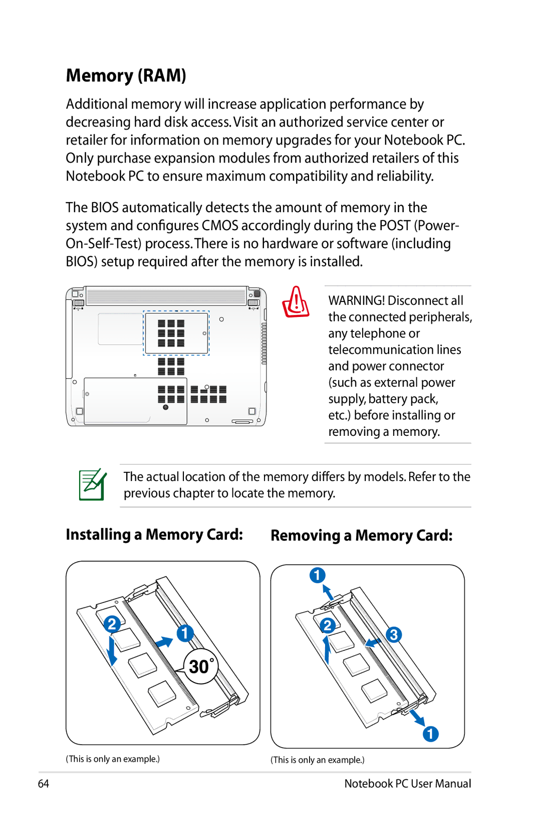 Asus K53EXR4 user manual Memory RAM, Installing a Memory Card Removing a Memory Card 