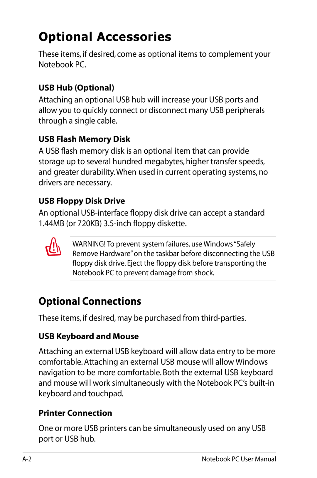 Asus K53EXR4 user manual Optional Accessories, Optional Connections 