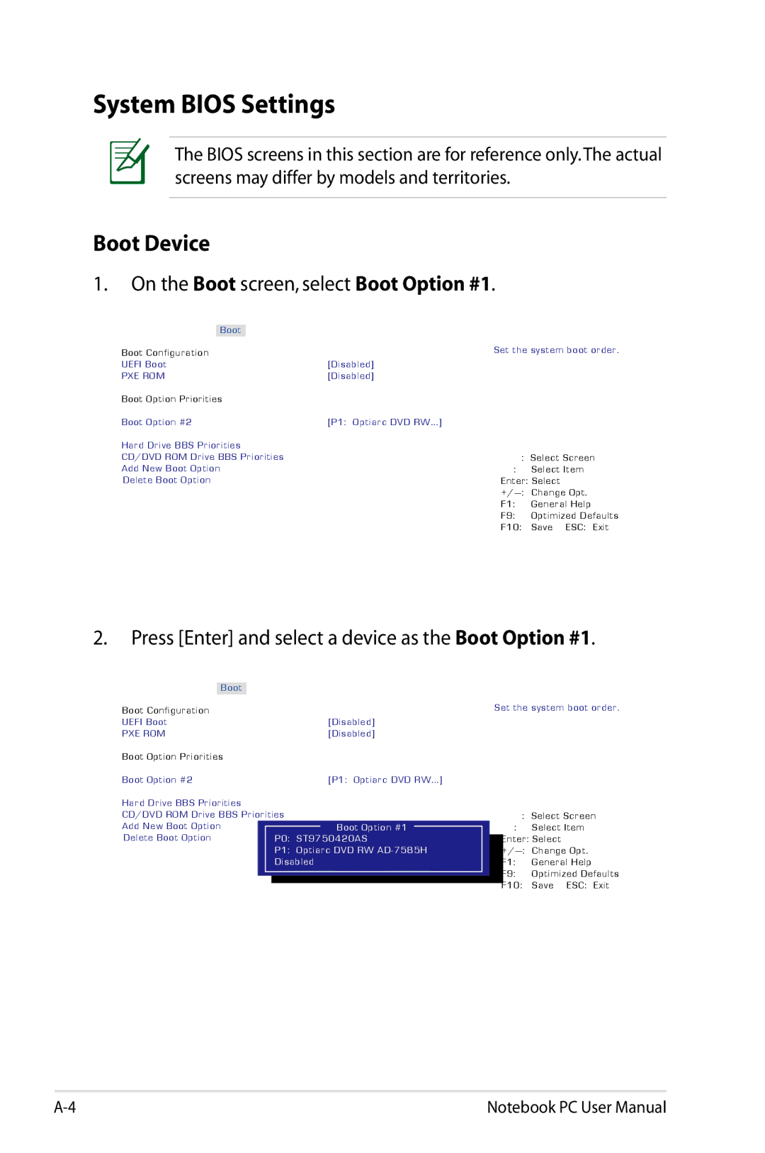 Asus K53EXR4 user manual System Bios Settings, Boot Device, On the Boot screen, select Boot Option #1 