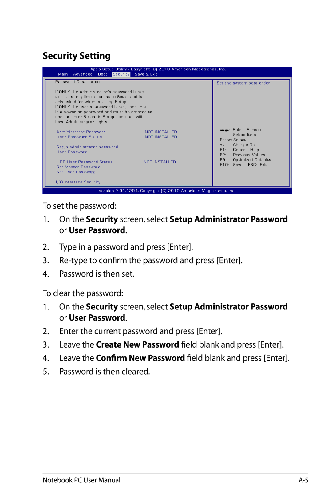 Asus K53EXR4 user manual Security Setting, To set the password 