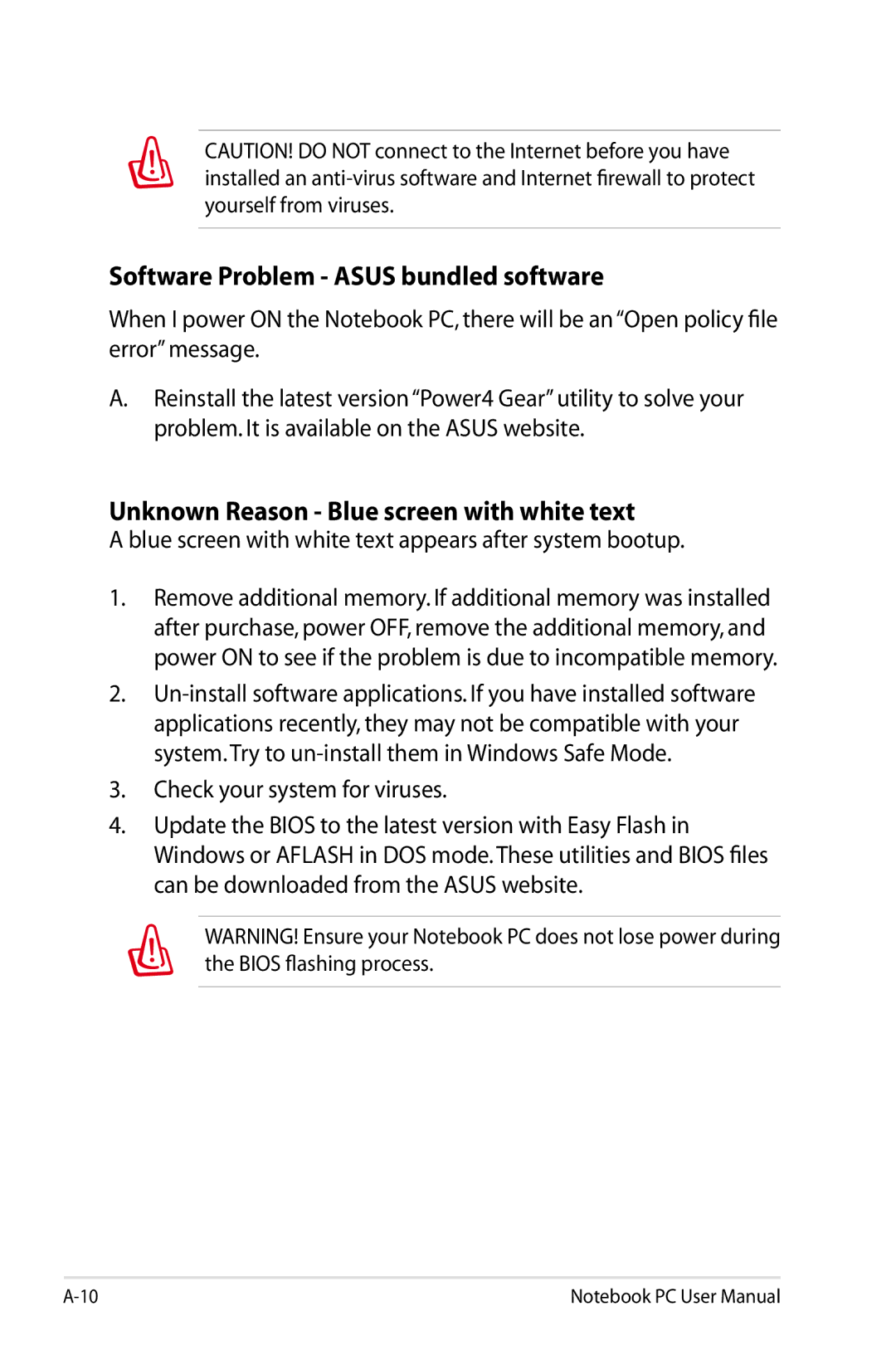 Asus K53EXR4 user manual Software Problem Asus bundled software, Unknown Reason Blue screen with white text 