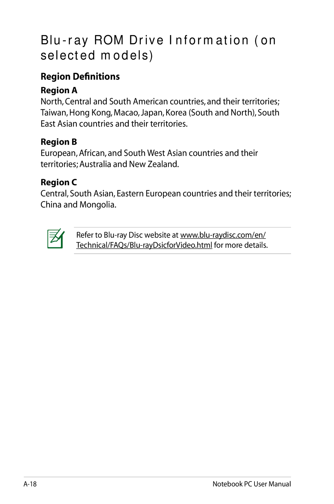 Asus K53EXR4 user manual Blu-ray ROM Drive Information on selected models, Region a, Region B, Region C 