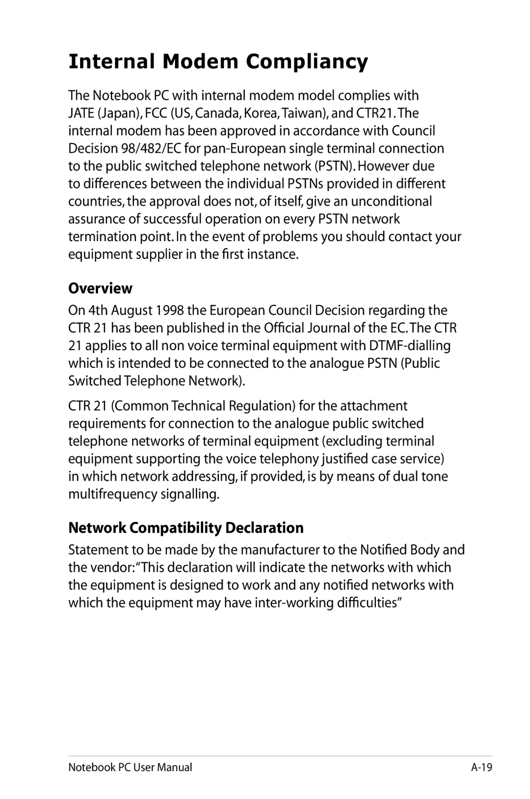 Asus K53EXR4 user manual Internal Modem Compliancy, Overview, Network Compatibility Declaration 