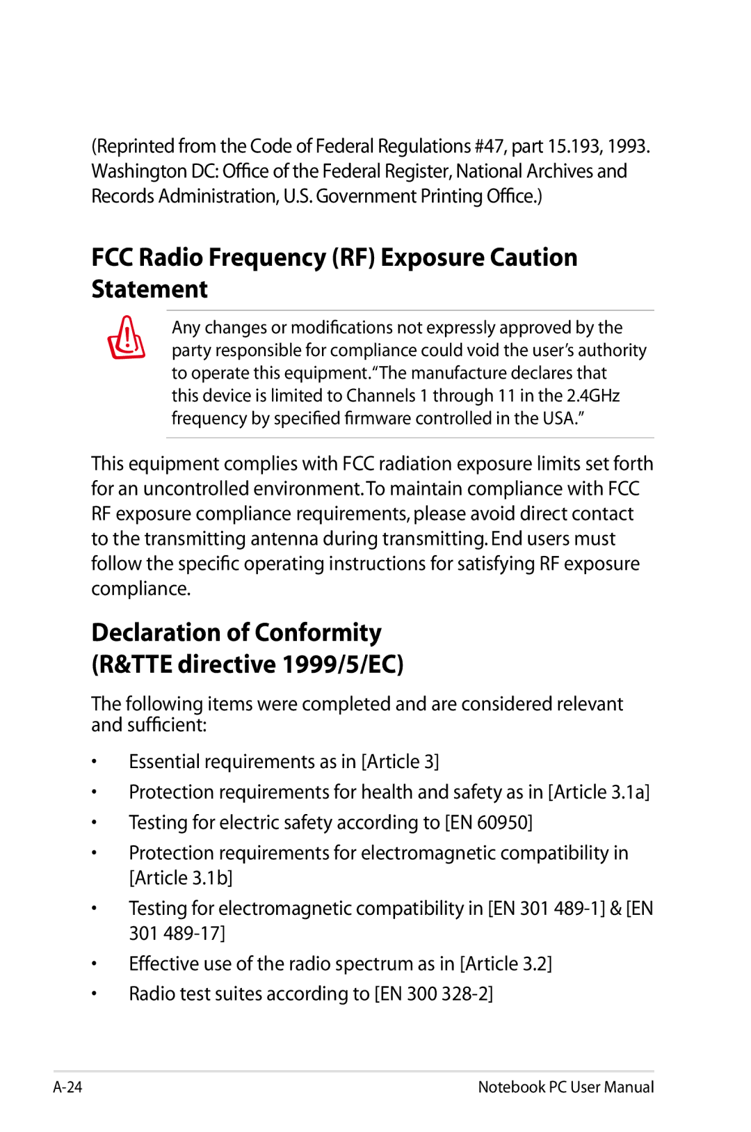 Asus K53EXR4 FCC Radio Frequency RF Exposure Caution Statement, Declaration of Conformity R&TTE directive 1999/5/EC 