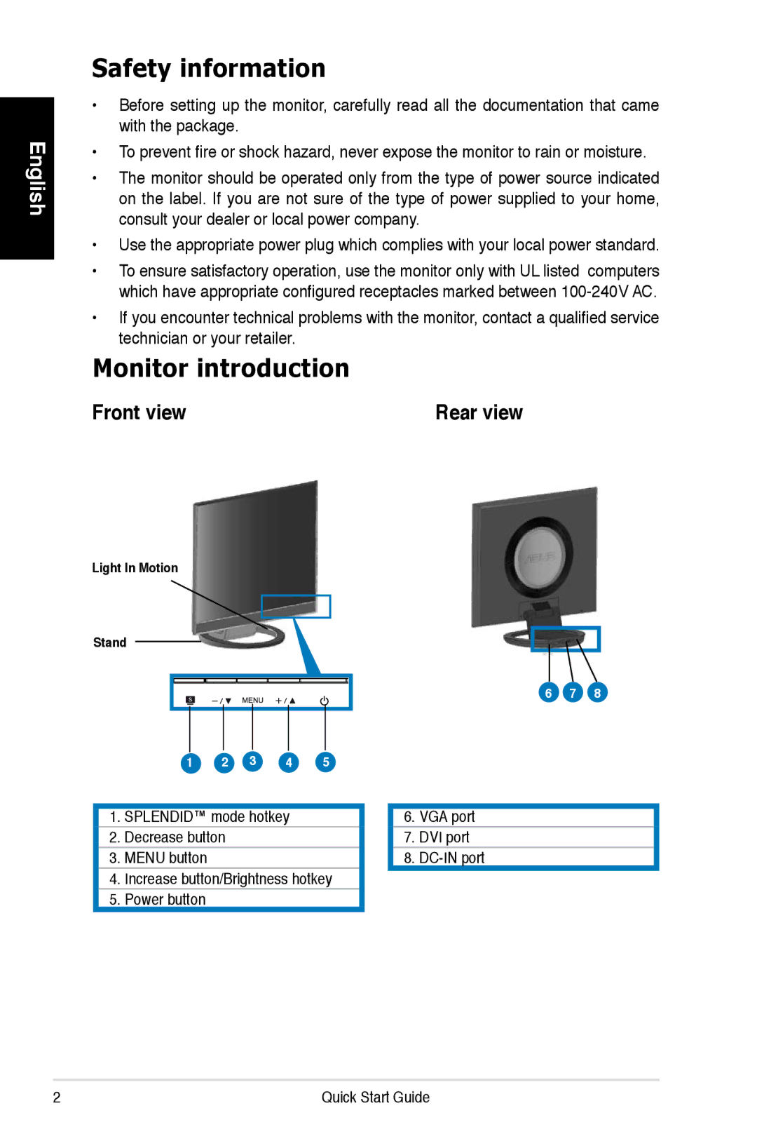 Asus LS201 quick start Safety information, Monitor introduction 