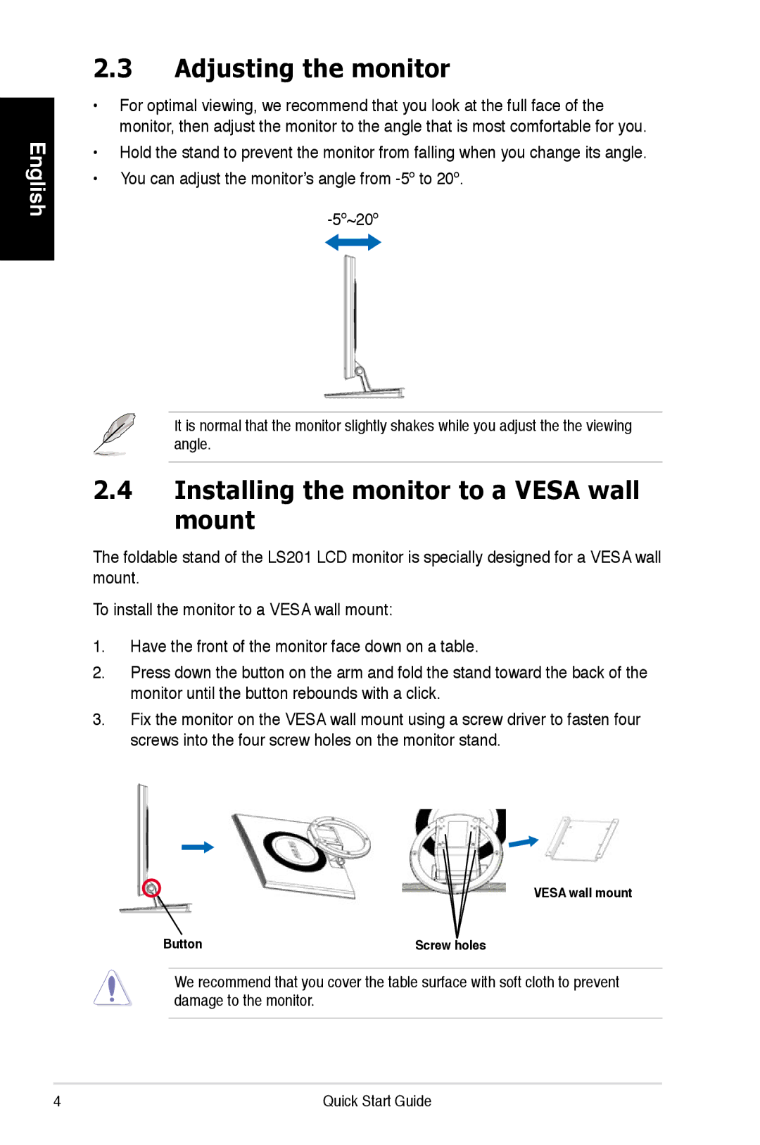 Asus LS201 quick start Adjusting the monitor, Installing the monitor to a Vesa wall mount 