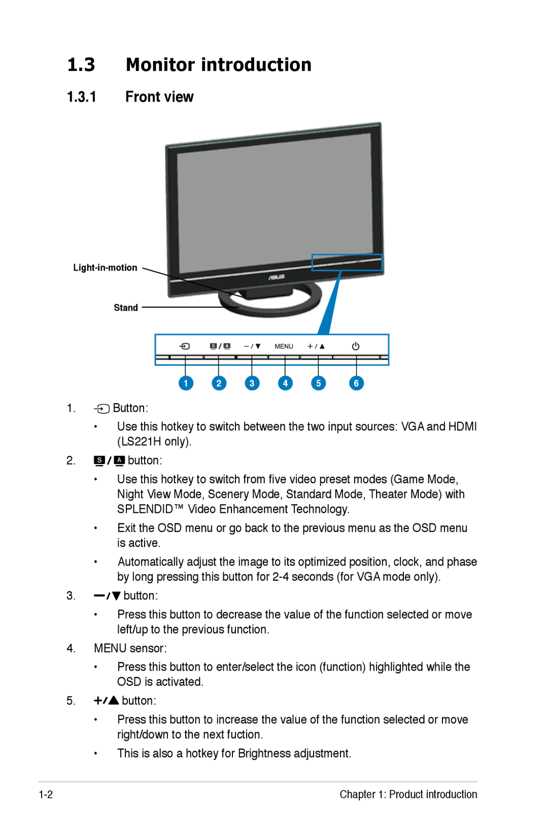 Asus LS221H manual Monitor introduction, Front view 