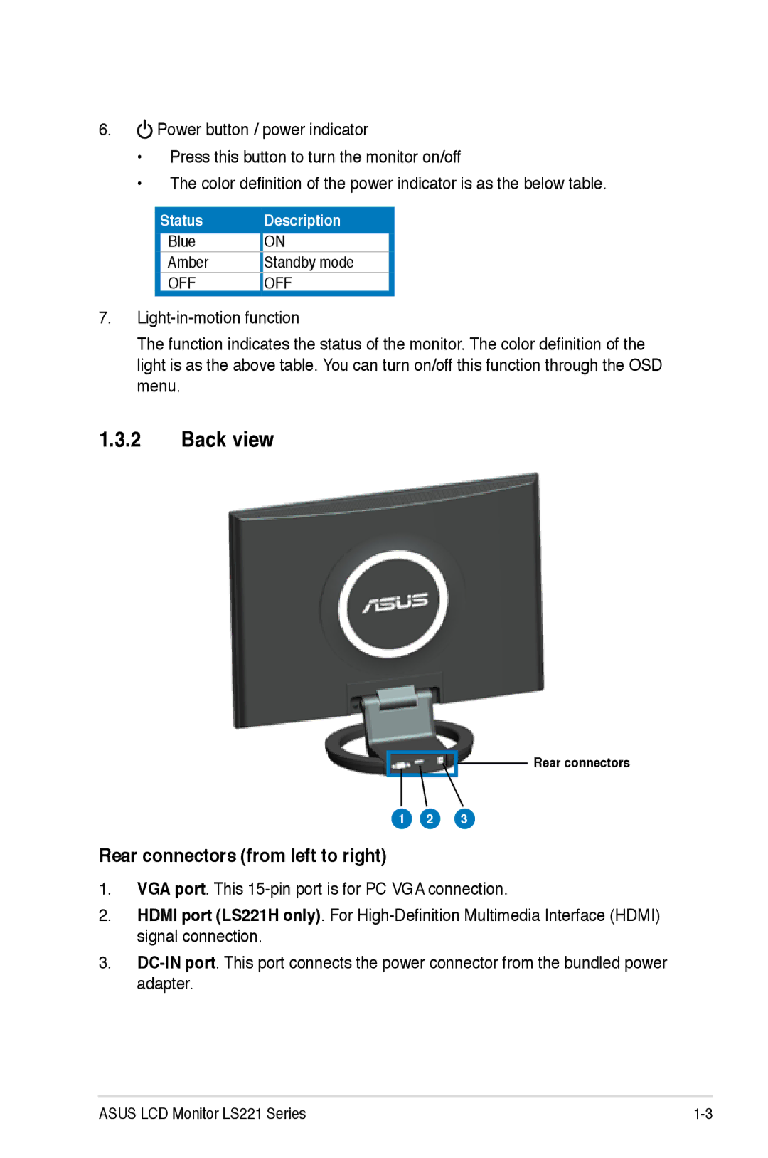 Asus LS221H manual Back view, Rear connectors from left to right, Status Description 