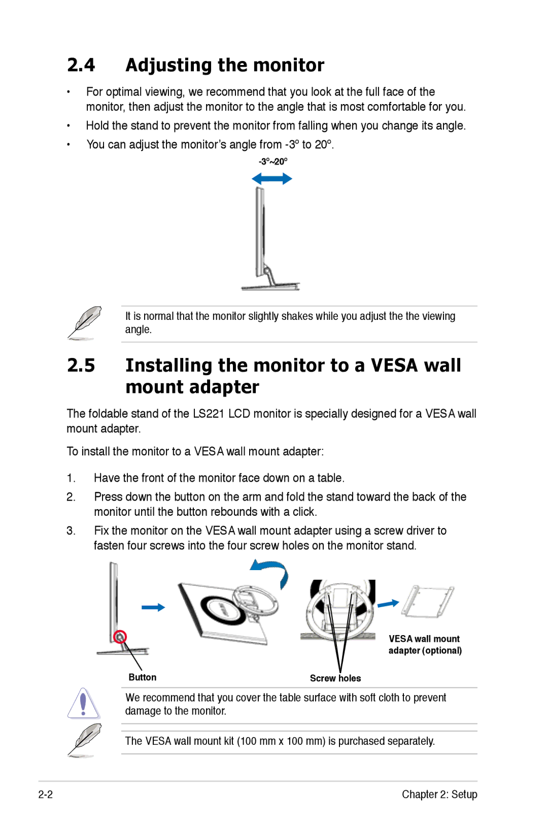 Asus LS221H manual Adjusting the monitor, Installing the monitor to a Vesa wall mount adapter 