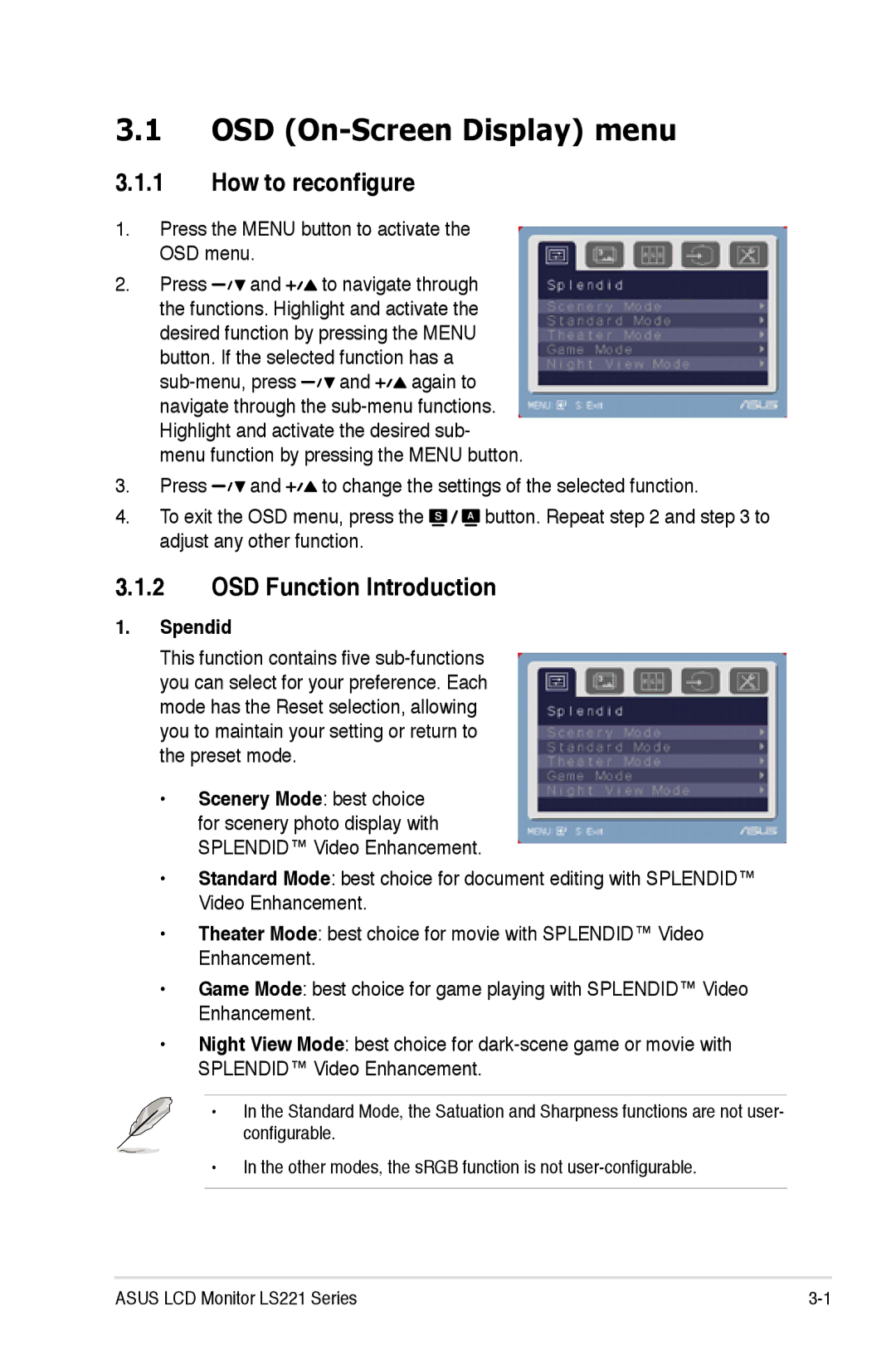 Asus LS221H manual OSD On-Screen Display menu, How to reconfigure, OSD Function Introduction, Spendid 