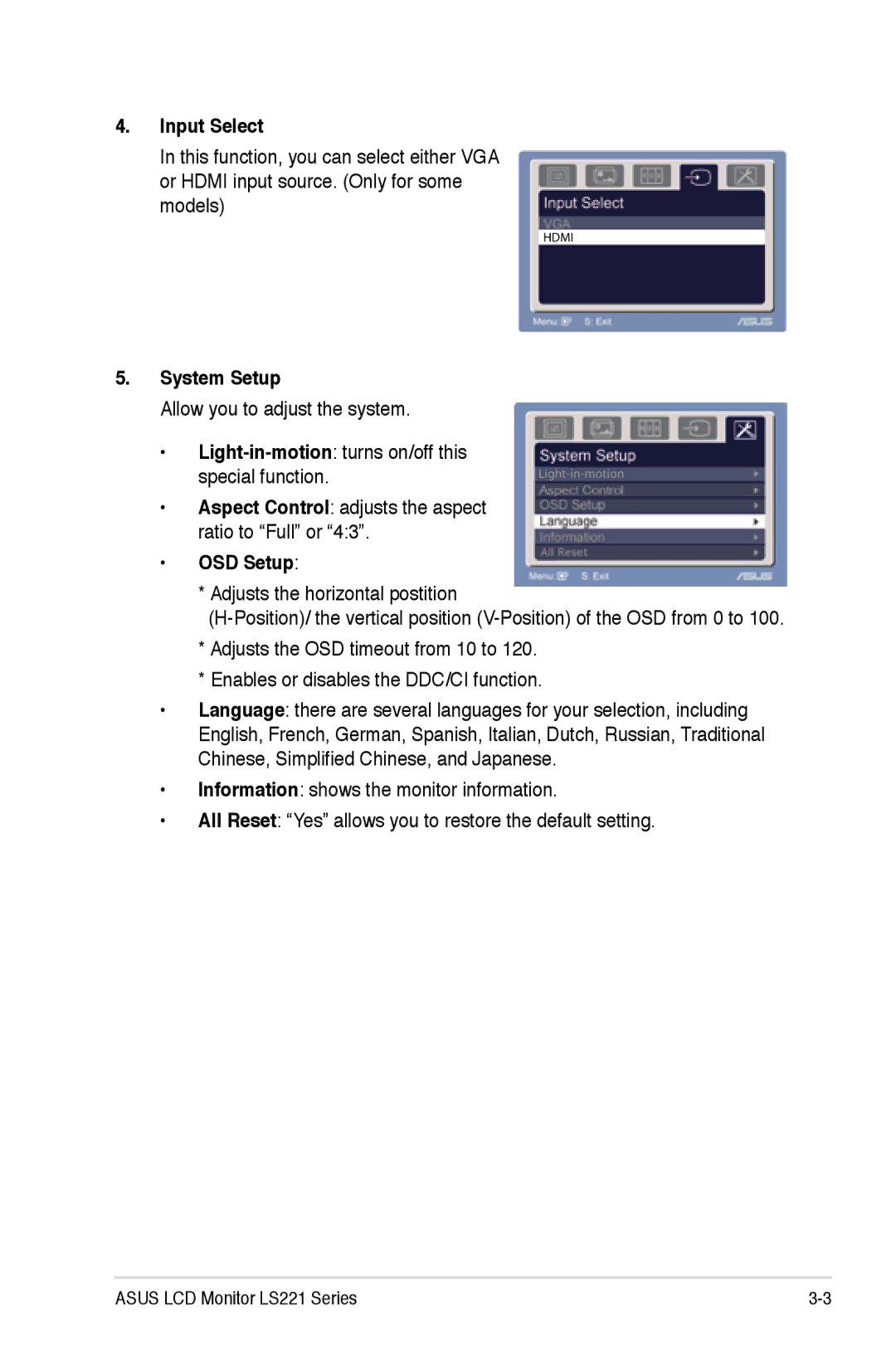 Asus LS221H manual Input Select, System Setup, OSD Setup 