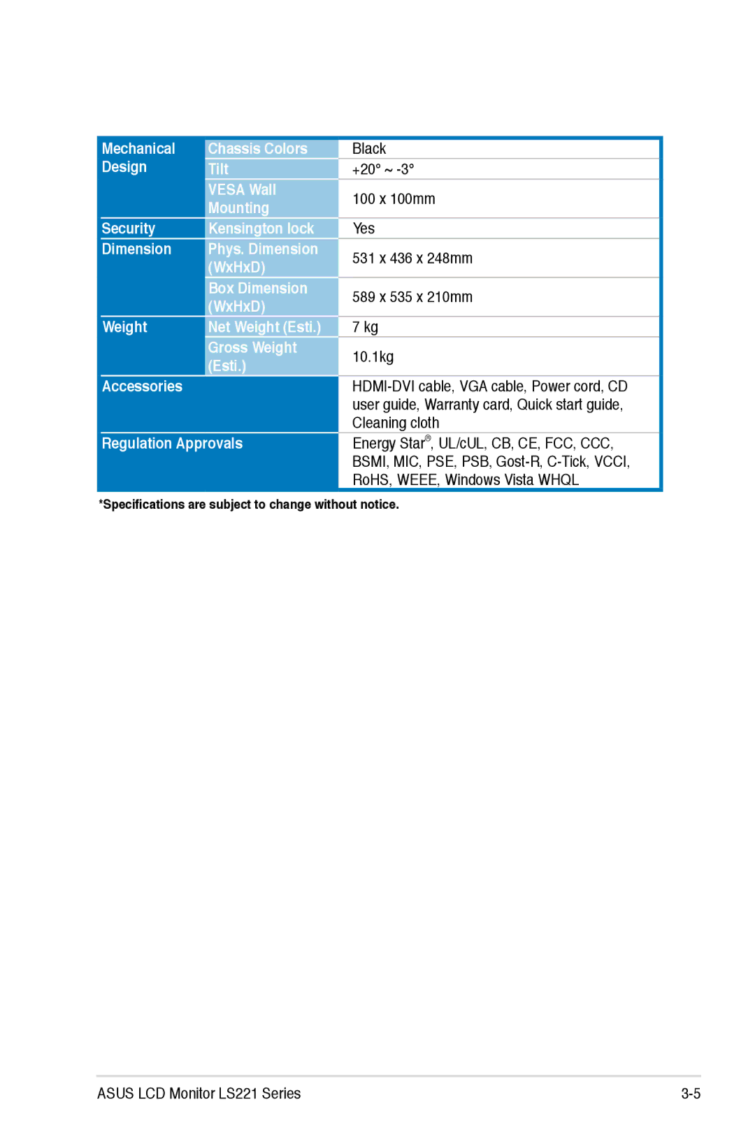 Asus LS221H manual Mechanical, Design Tilt Vesa Wall Mounting Security, Dimension, WxHxD, Weight 