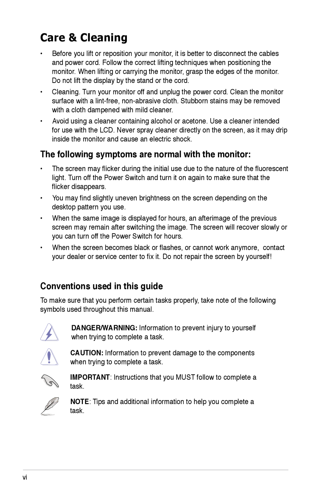 Asus LS221H manual Care & Cleaning, Following symptoms are normal with the monitor, Conventions used in this guide 