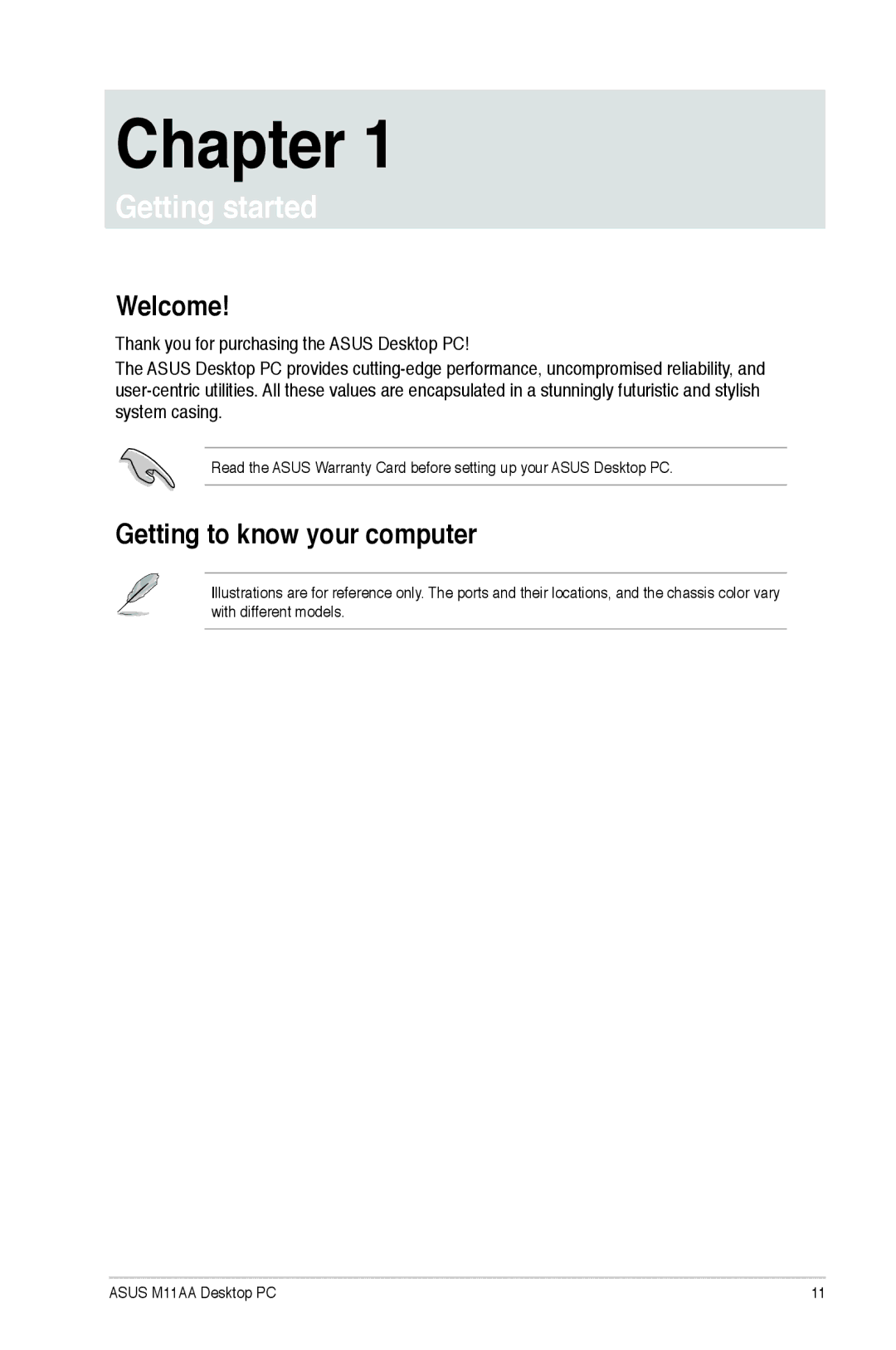 Asus M11AAUS002Q user manual Welcome, Getting to know your computer 