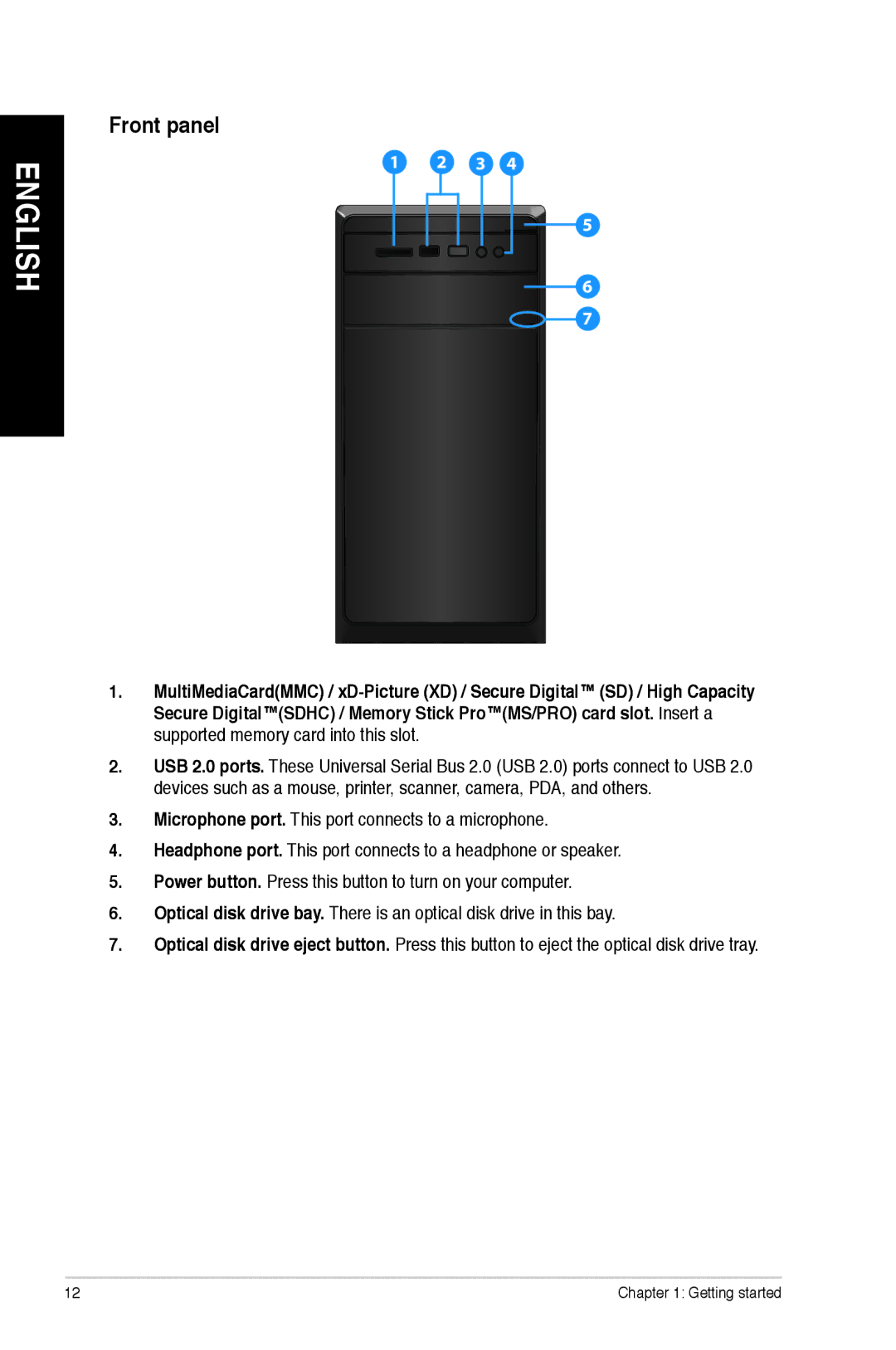 Asus M11AAUS002Q user manual English, Front panel 