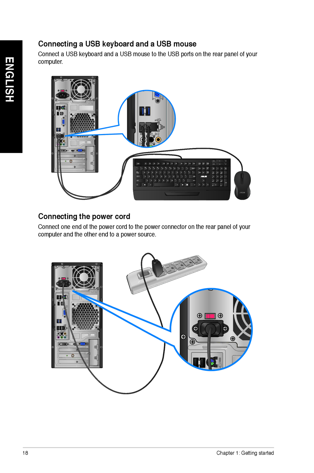 Asus M11AAUS002Q user manual Connecting a USB keyboard and a USB mouse, Connecting the power cord 