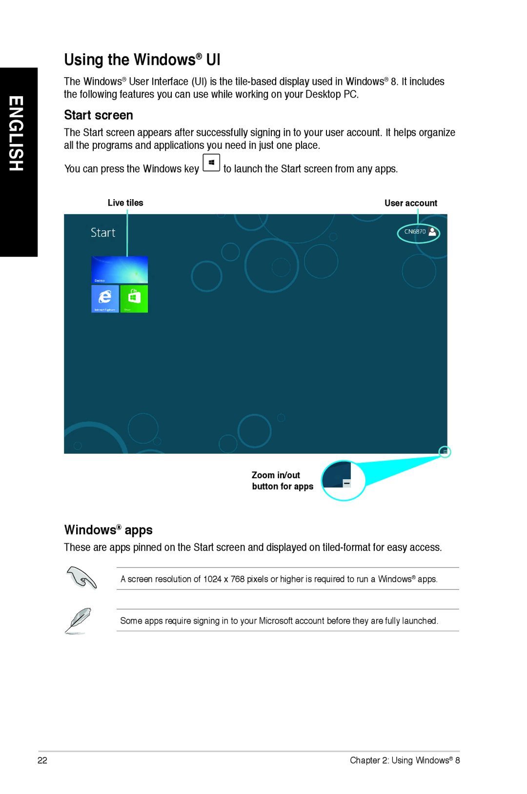 Asus M11AAUS002Q user manual Using the Windows UI, Start screen, Windows apps 