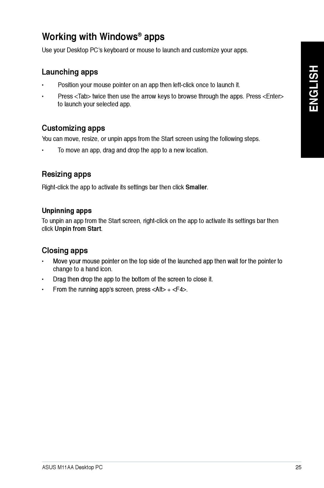 Asus M11AAUS002Q user manual Working with Windows apps, Launching apps, Customizing apps, Resizing apps, Closing apps 