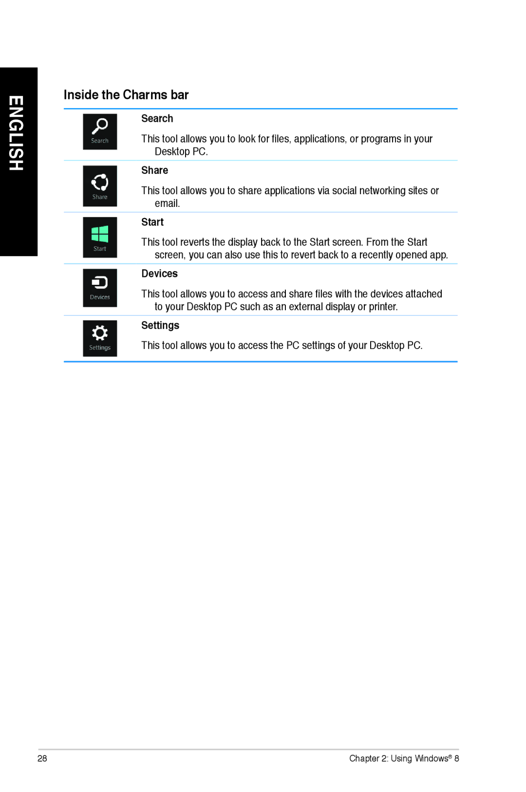 Asus M11AAUS002Q user manual Inside the Charms bar 