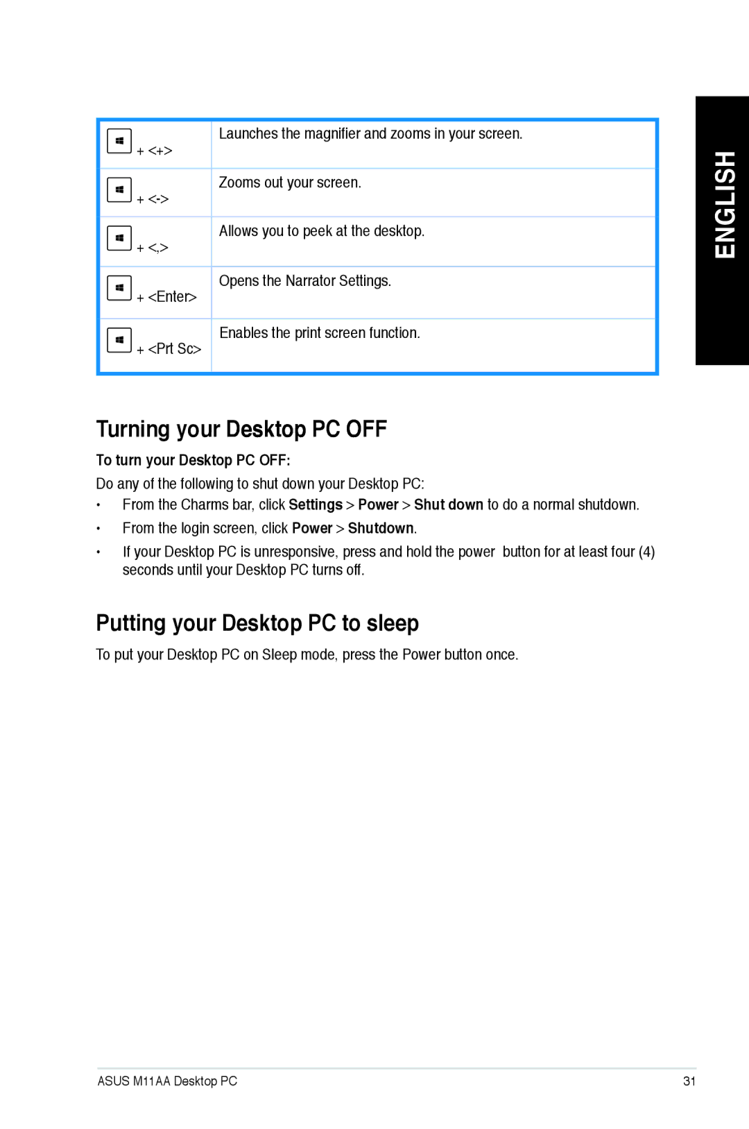 Asus M11AAUS002Q user manual Turning your Desktop PC OFF, Putting your Desktop PC to sleep, To turn your Desktop PC OFF 