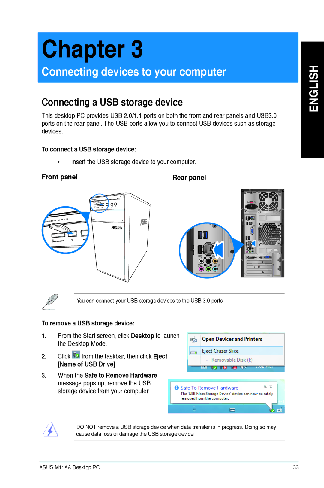 Asus M11AAUS002Q user manual Connecting a USB storage device, Front panel, To connect a USB storage device 