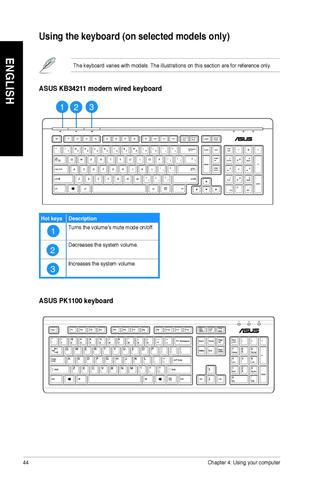 Asus M11AAUS002Q Using the keyboard on selected models only, Asus KB34211 modern wired keyboard, Asus PK1100 keyboard 