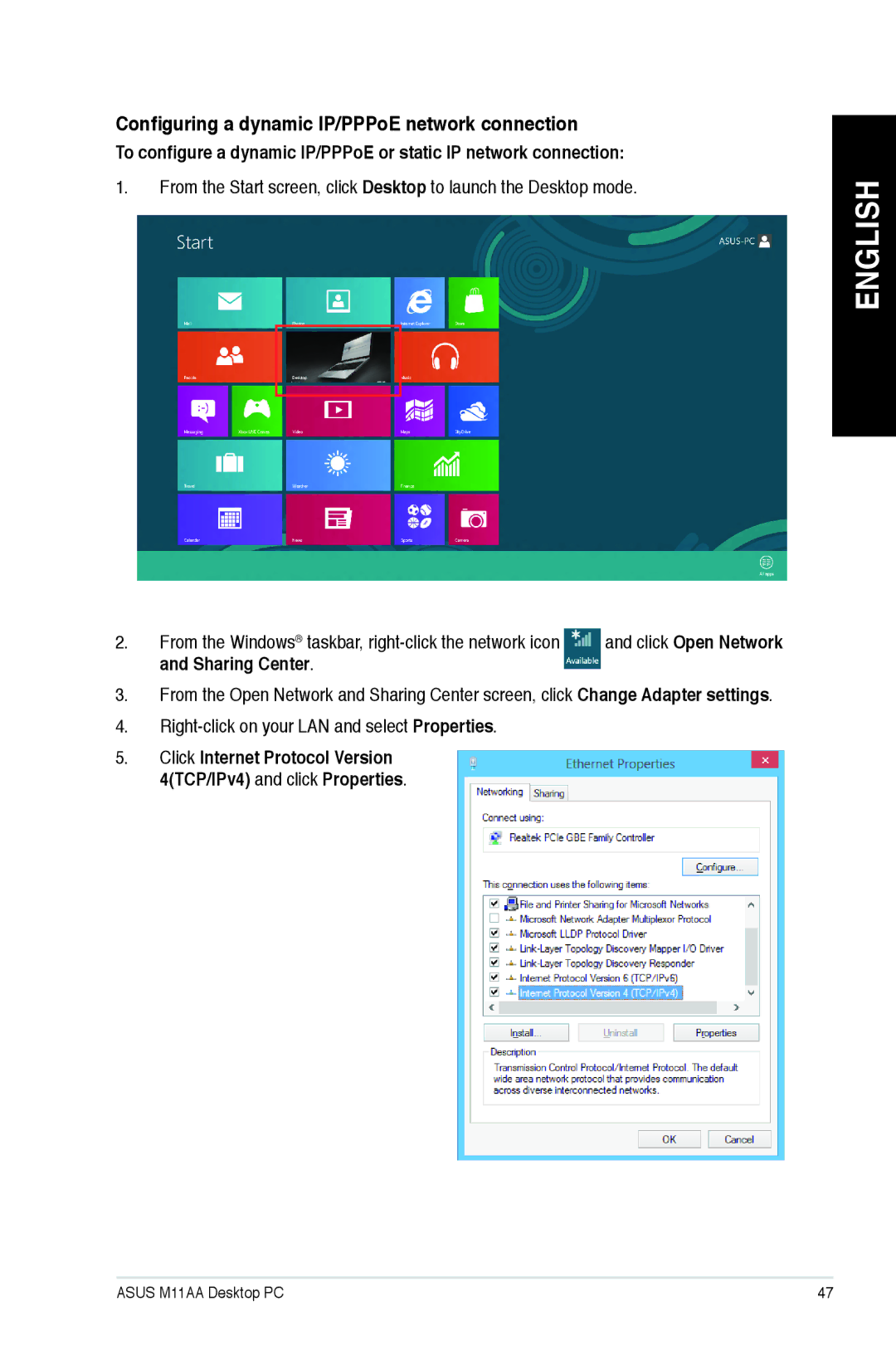 Asus M11AAUS002Q user manual Configuring a dynamic IP/PPPoE network connection, Sharing Center 