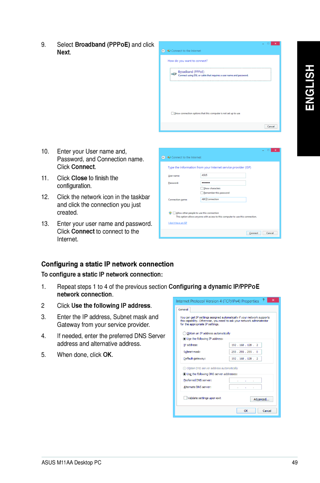 Asus M11AAUS002Q user manual Configuring a static IP network connection, Select Broadband PPPoE and click Next 