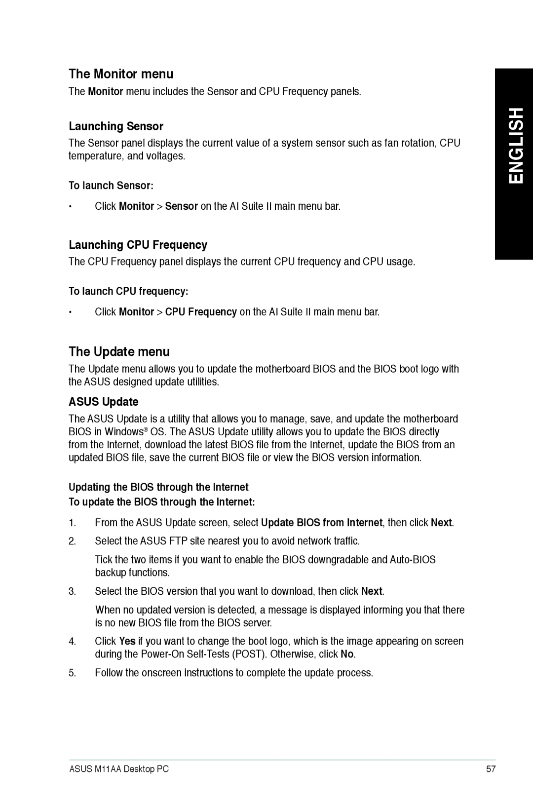 Asus M11AAUS002Q user manual Monitor menu, Update menu, Launching Sensor, Launching CPU Frequency, Asus Update 