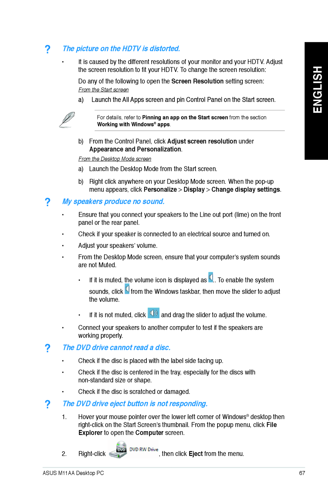 Asus M11AAUS002Q user manual Picture on the Hdtv is distorted 