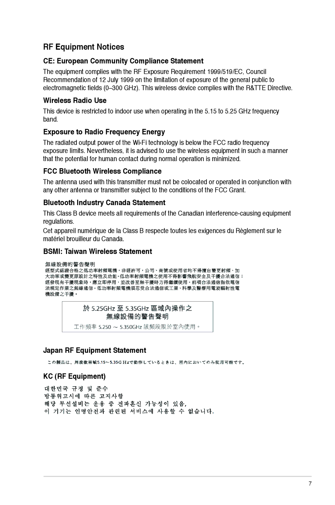 Asus M11AAUS002Q user manual RF Equipment Notices 