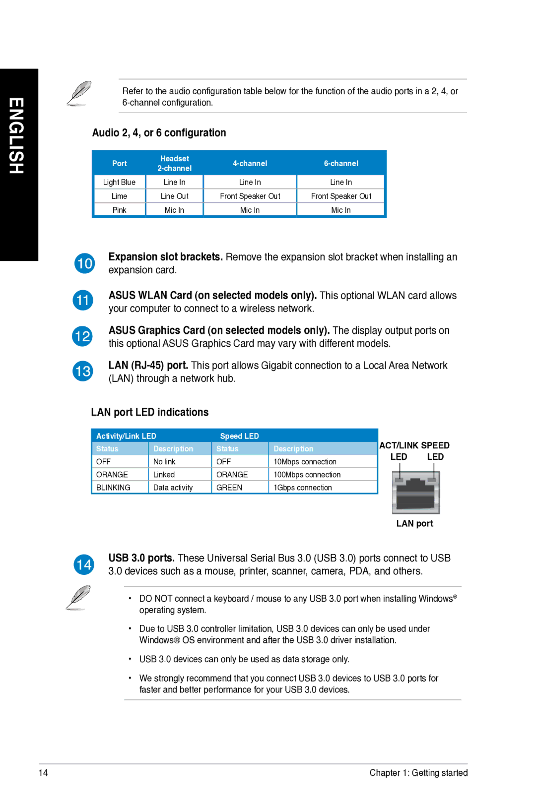 Asus M11AD user manual Audio 2, 4, or 6 configuration, LAN port LED indications 