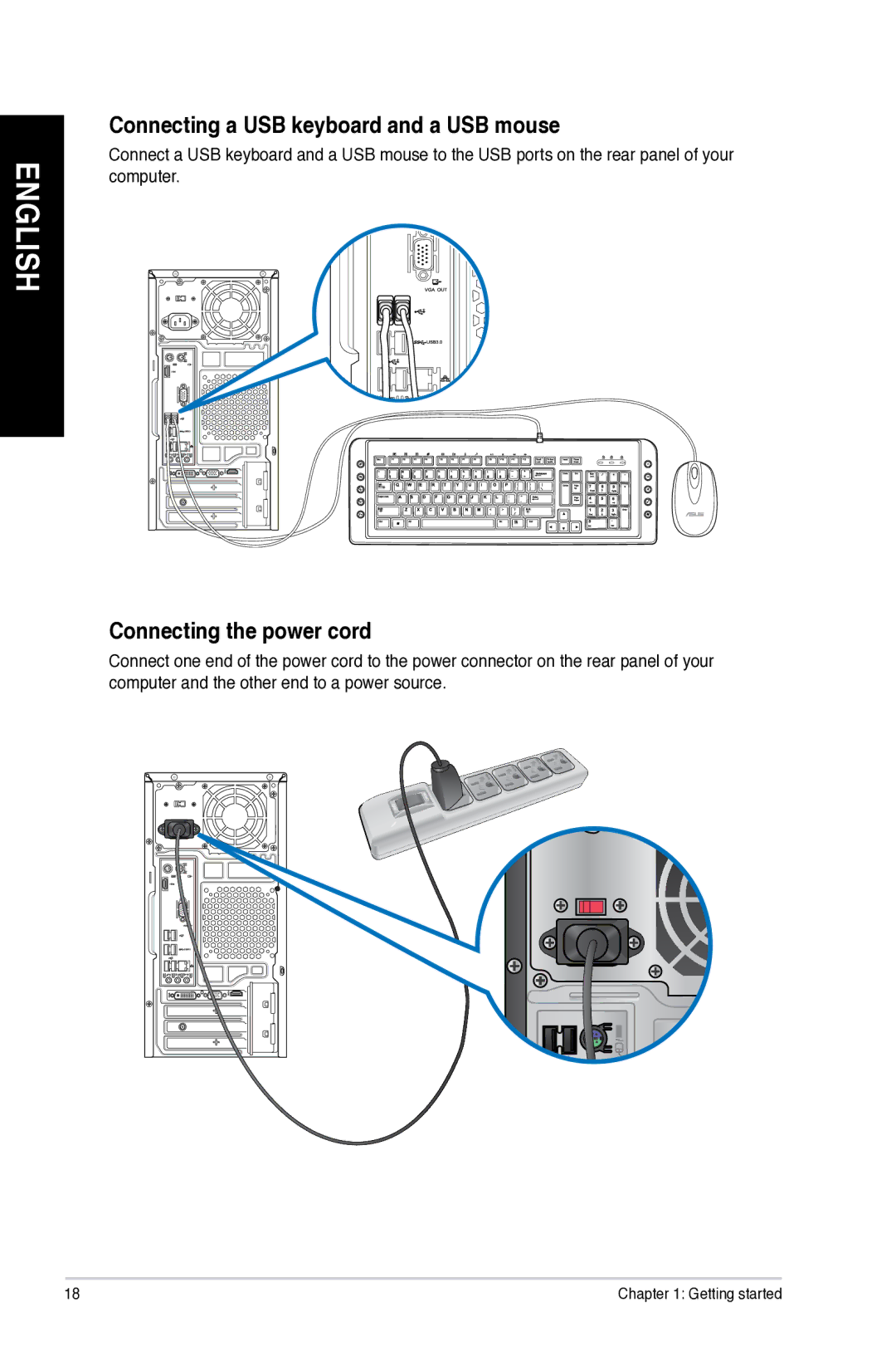 Asus M11AD user manual Connecting a USB keyboard and a USB mouse, Connecting the power cord 