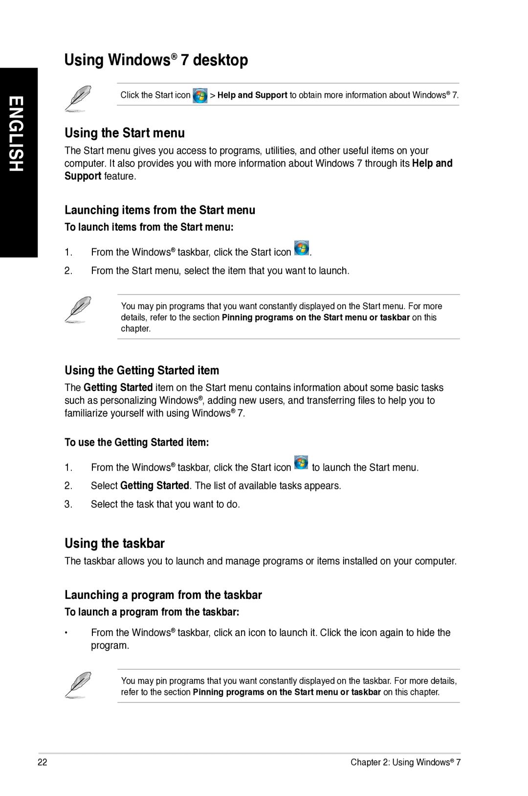 Asus M11AD user manual Using Windows 7 desktop, Using the Start menu, Using the taskbar 