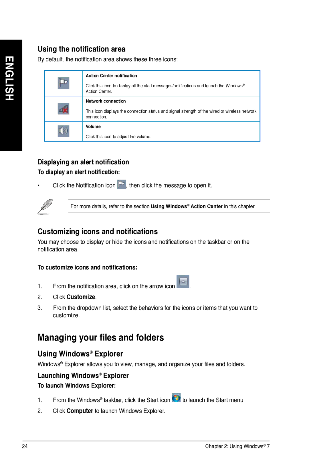 Asus M11AD user manual Managing your files and folders, Using the notification area, Customizing icons and notifications 