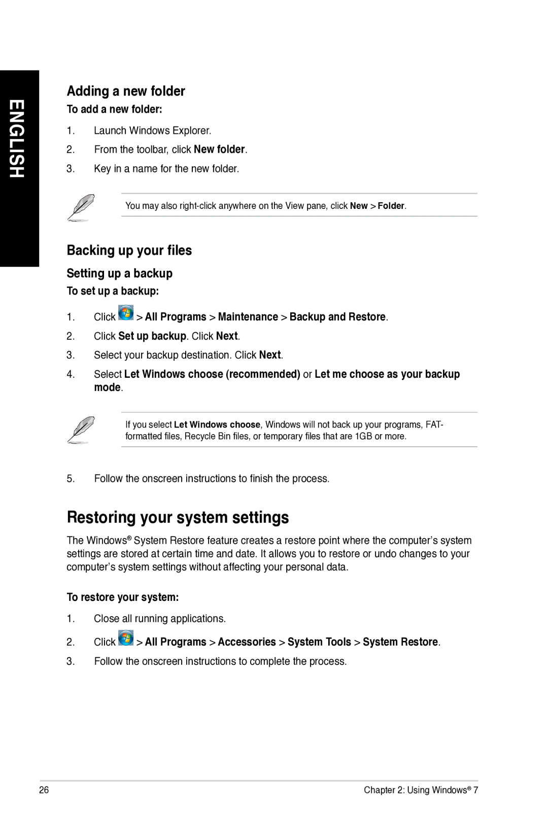 Asus M11AD user manual Restoring your system settings, Adding a new folder, Backing up your files, Setting up a backup 