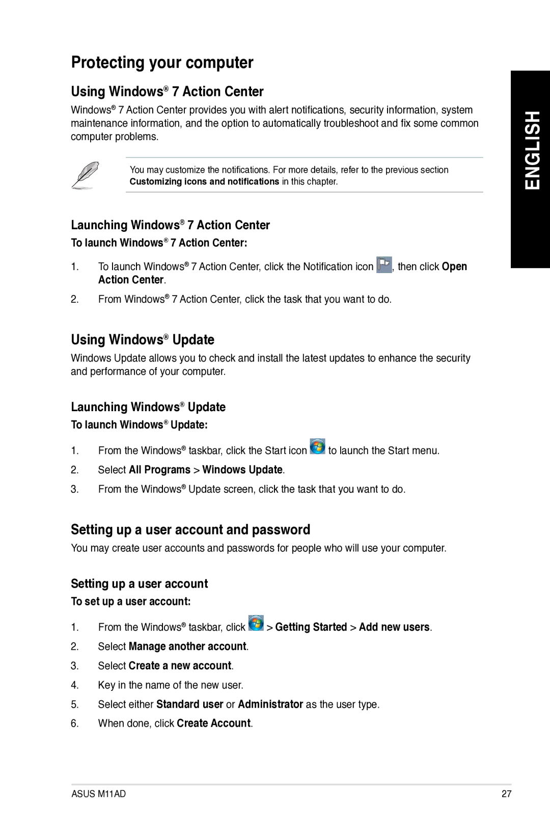 Asus M11AD user manual Protecting your computer, Using Windows 7 Action Center, Using Windows Update 