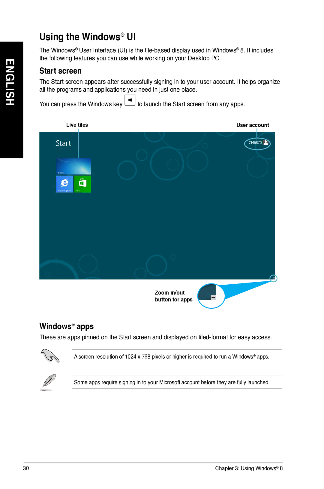 Asus M11AD user manual Using the Windows UI, Start screen, Windows apps 