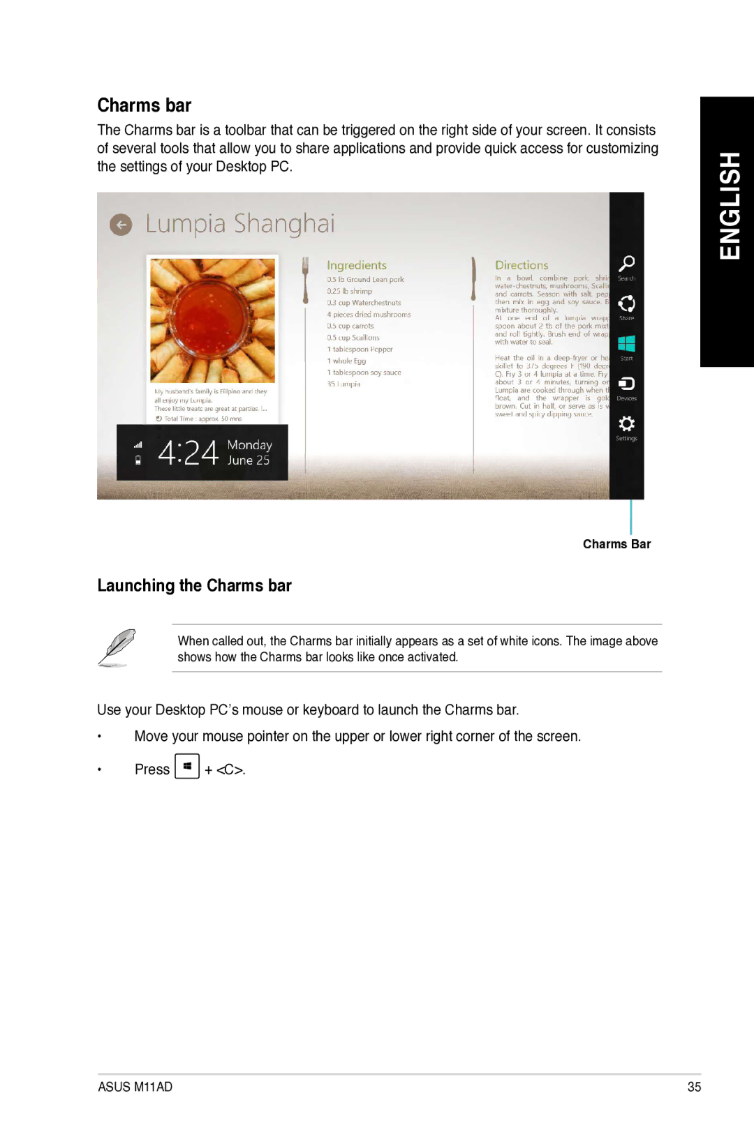 Asus M11AD user manual Launching the Charms bar 