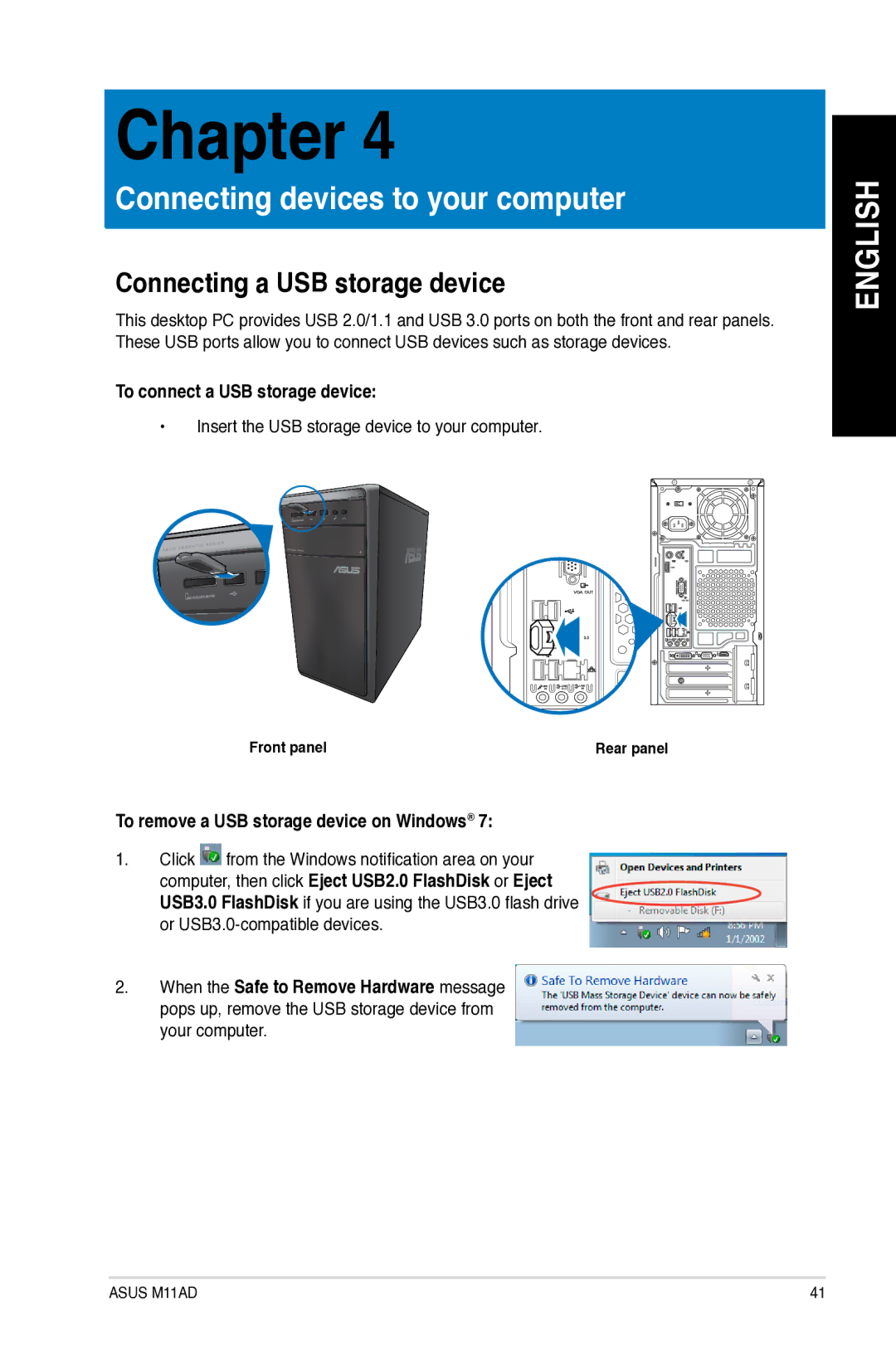 Asus M11AD Connecting a USB storage device, To connect a USB storage device, To remove a USB storage device on Windows 