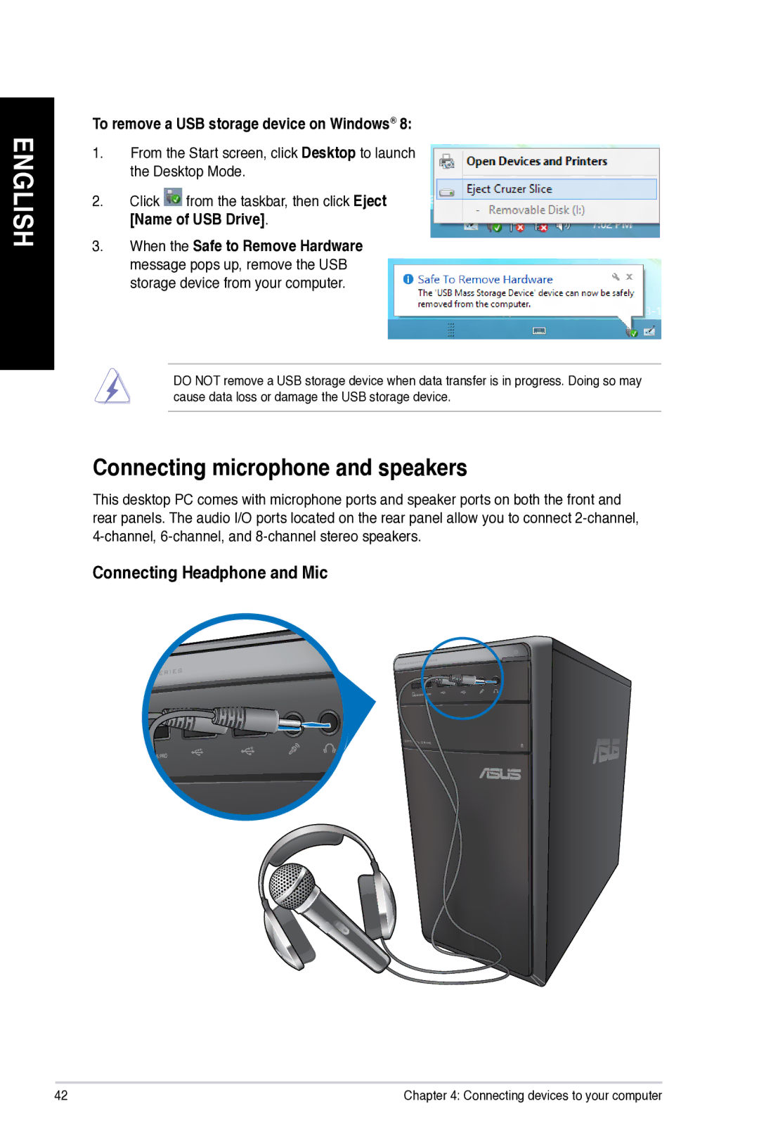 Asus M11AD user manual Connecting microphone and speakers, Connecting Headphone and Mic 