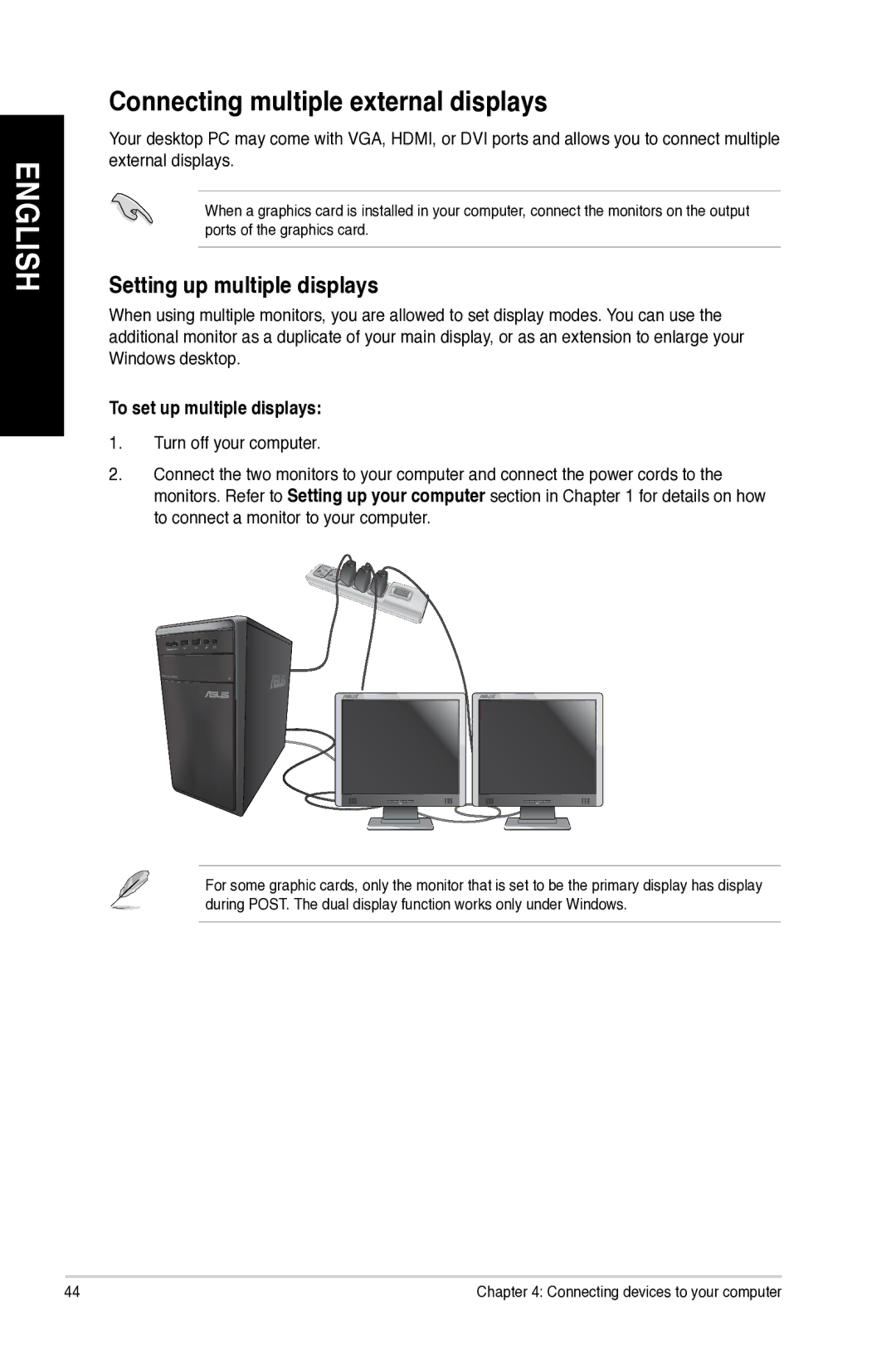 Asus M11AD user manual Connecting multiple external displays, Setting up multiple displays, To set up multiple displays 