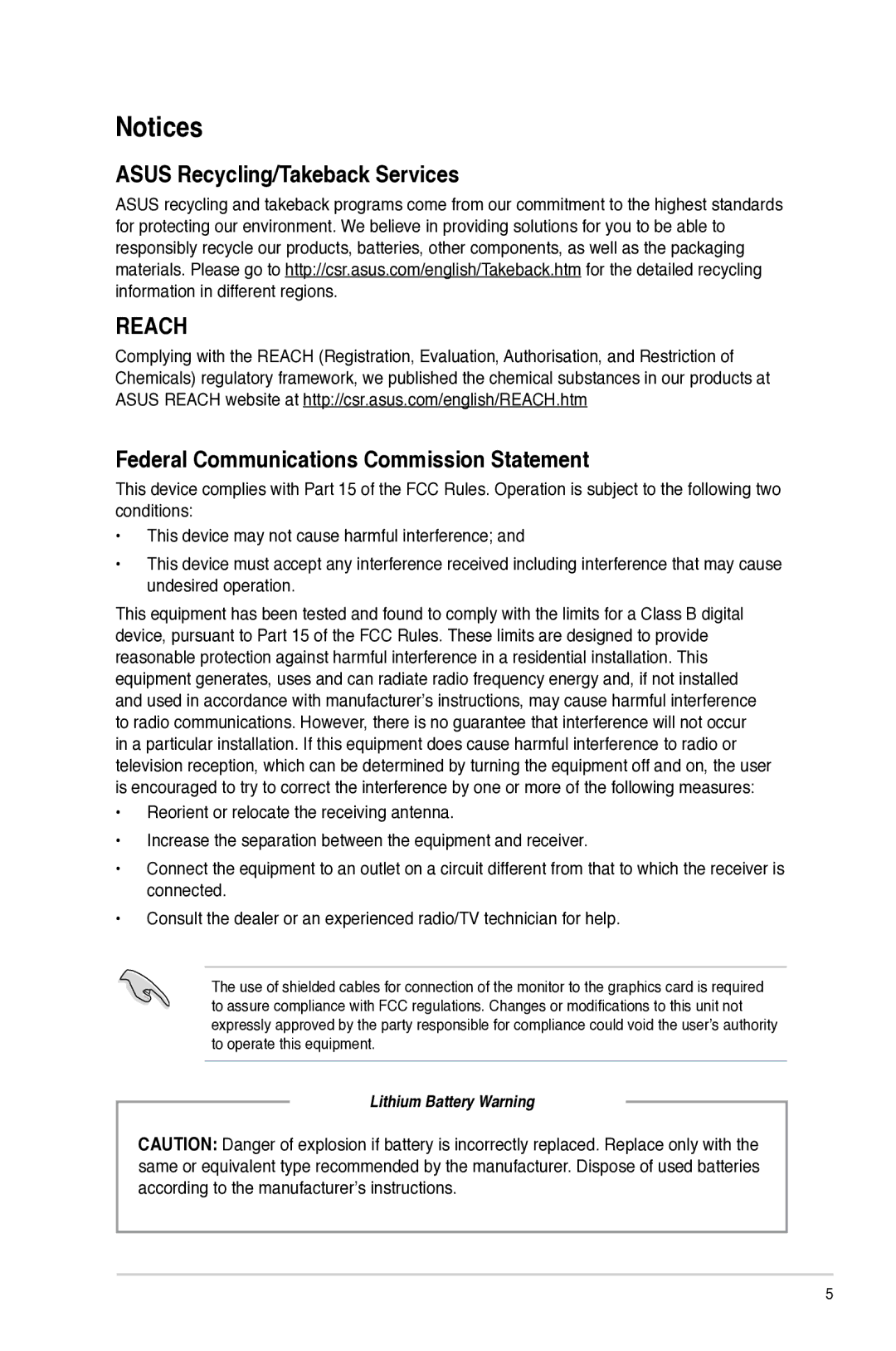 Asus M11AD user manual Asus Recycling/Takeback Services, Federal Communications Commission Statement 