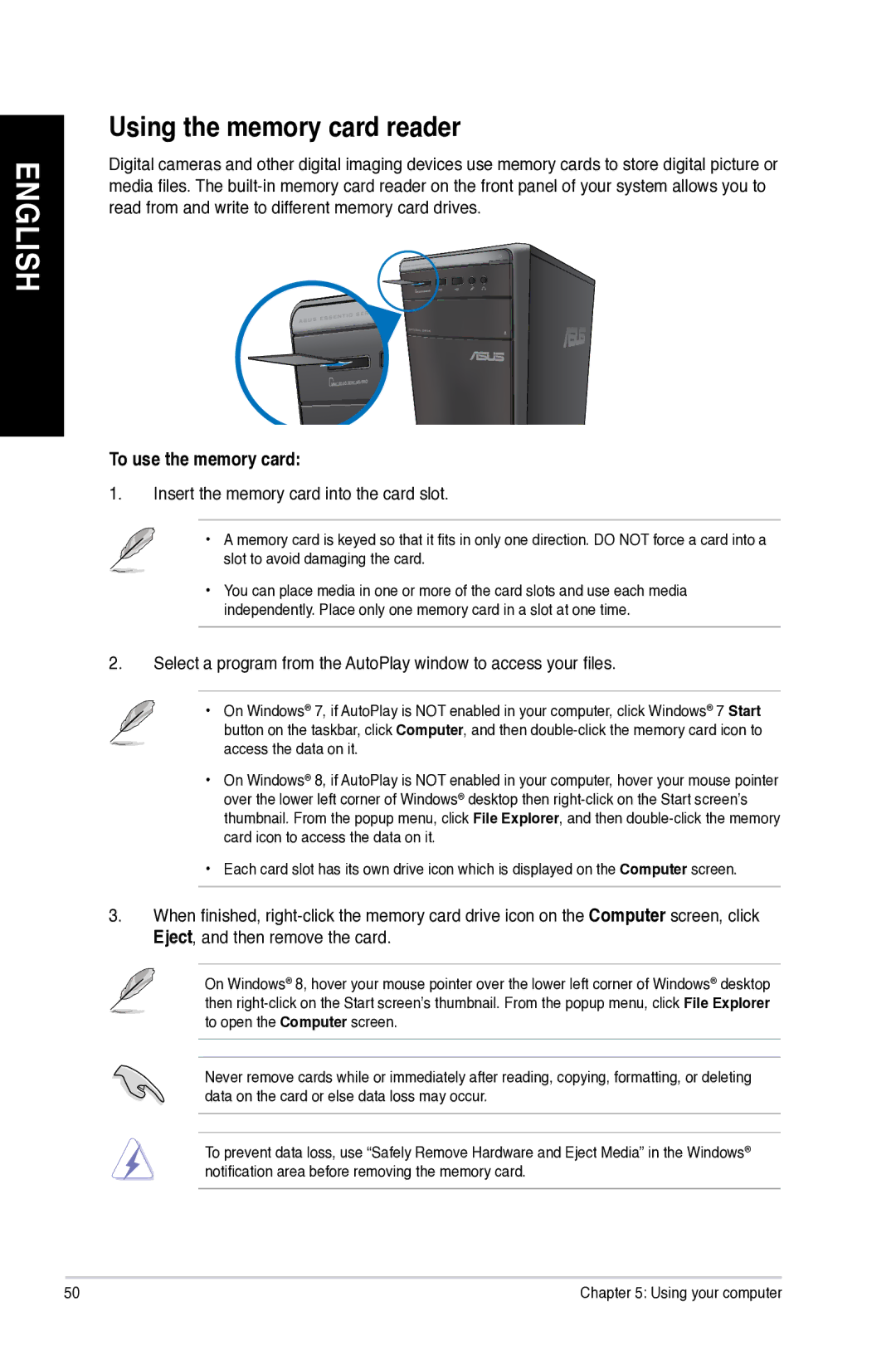 Asus M11AD user manual Using the memory card reader, To use the memory card, Insert the memory card into the card slot 