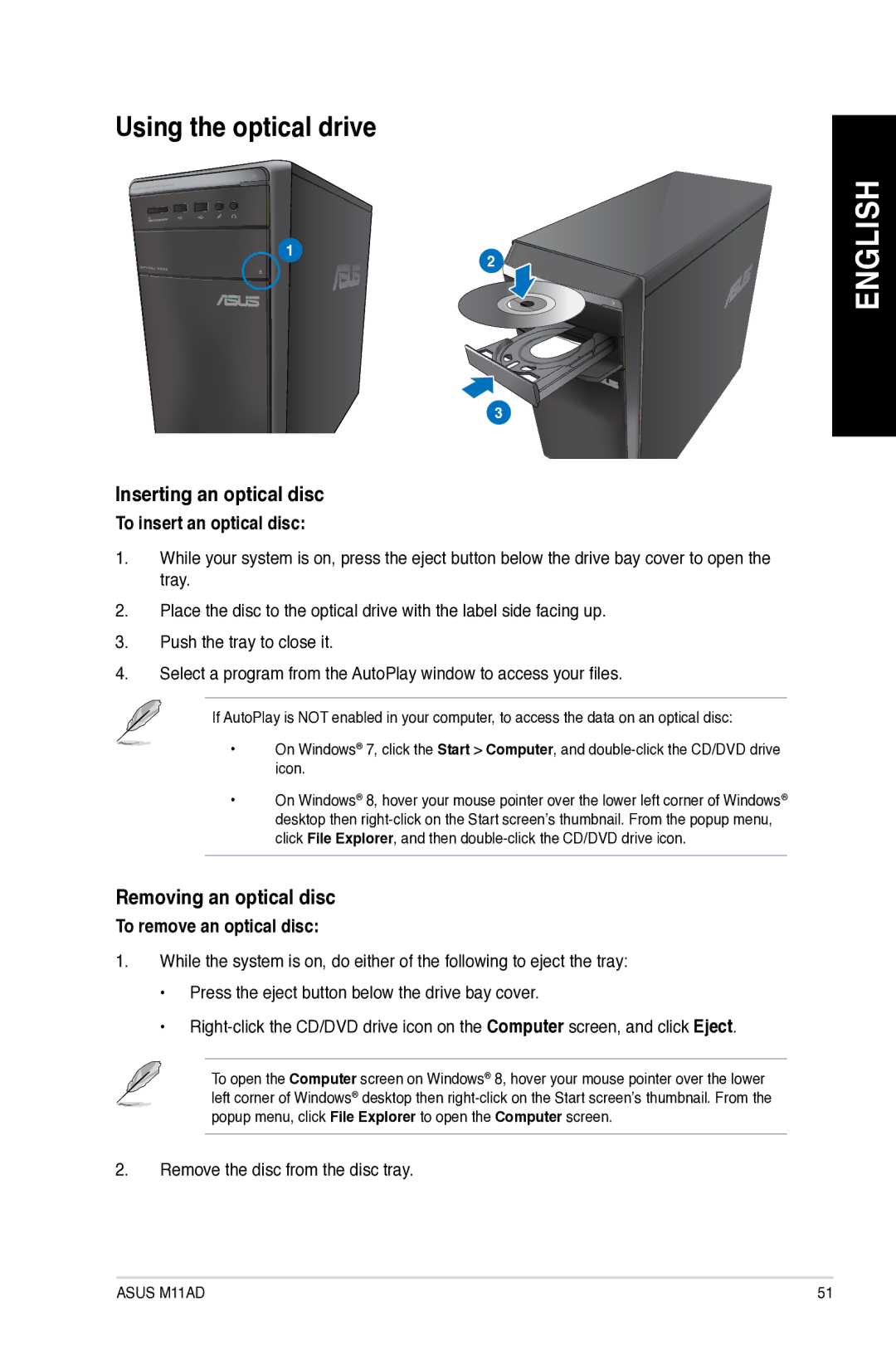 Asus M11AD Using the optical drive, Inserting an optical disc, Removing an optical disc, To insert an optical disc 