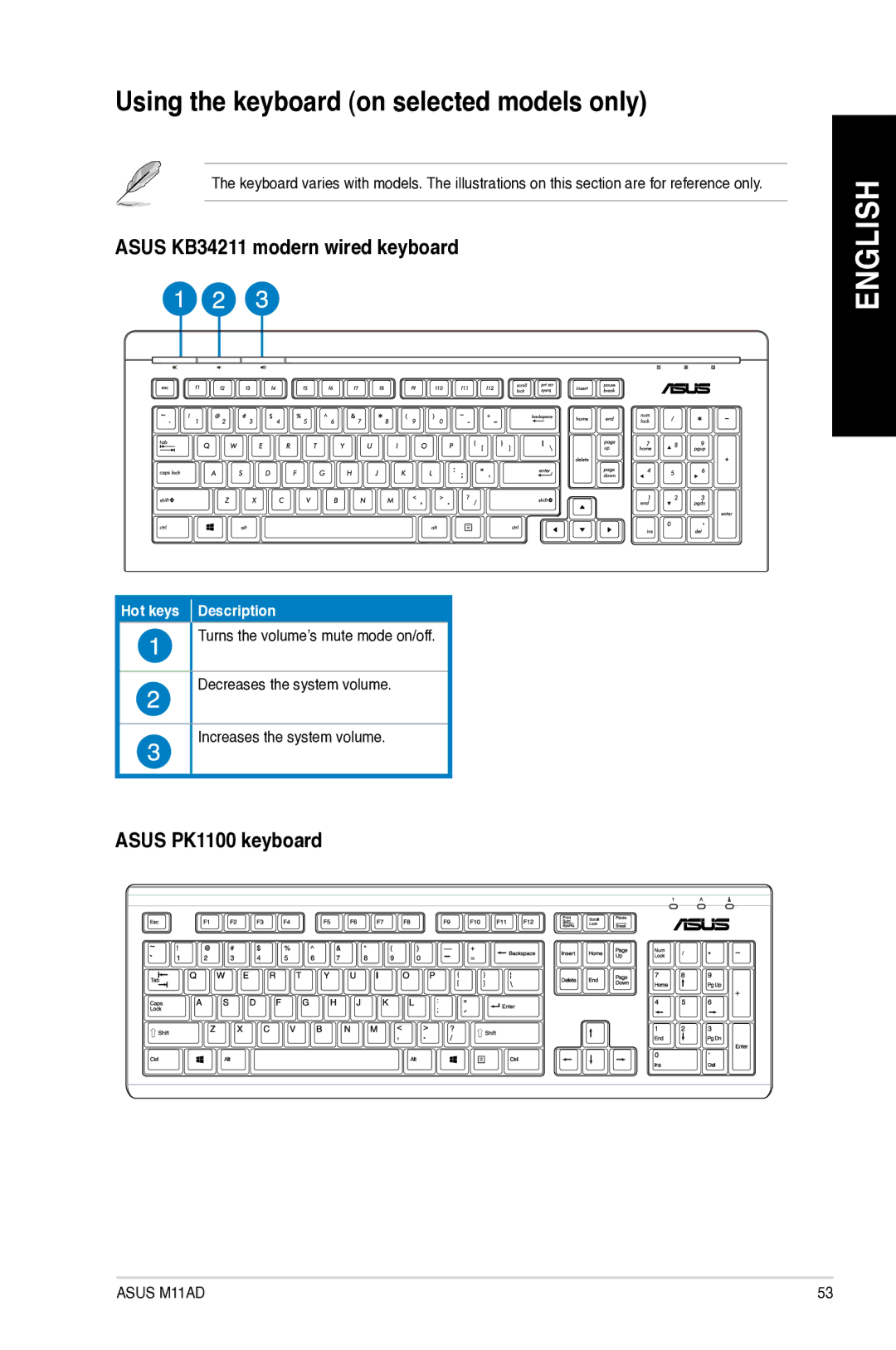 Asus M11AD user manual Using the keyboard on selected models only, Asus KB34211 modern wired keyboard, Asus PK1100 keyboard 