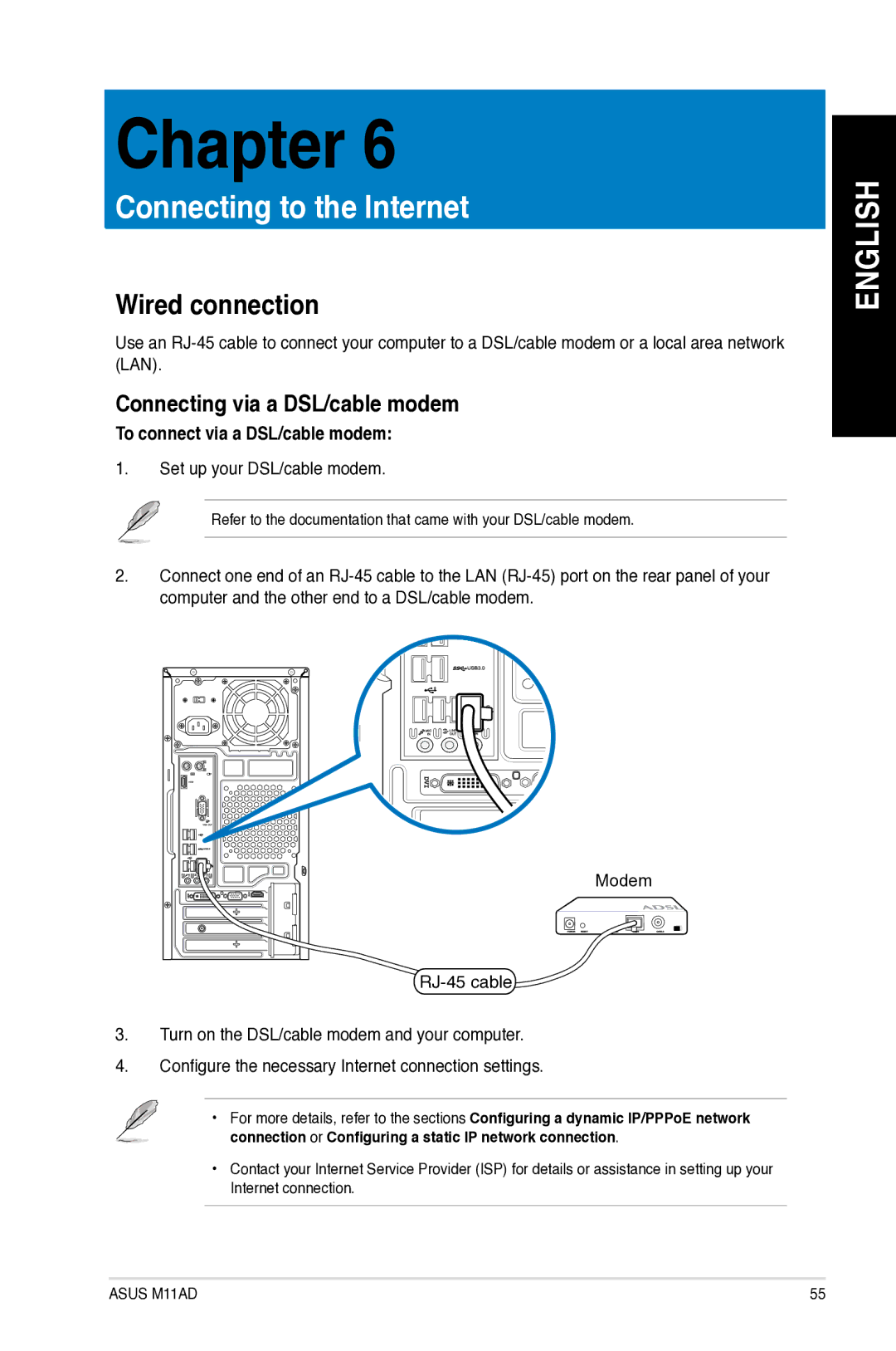 Asus M11AD user manual Wired connection, Connecting via a DSL/cable modem, To connect via a DSL/cable modem 