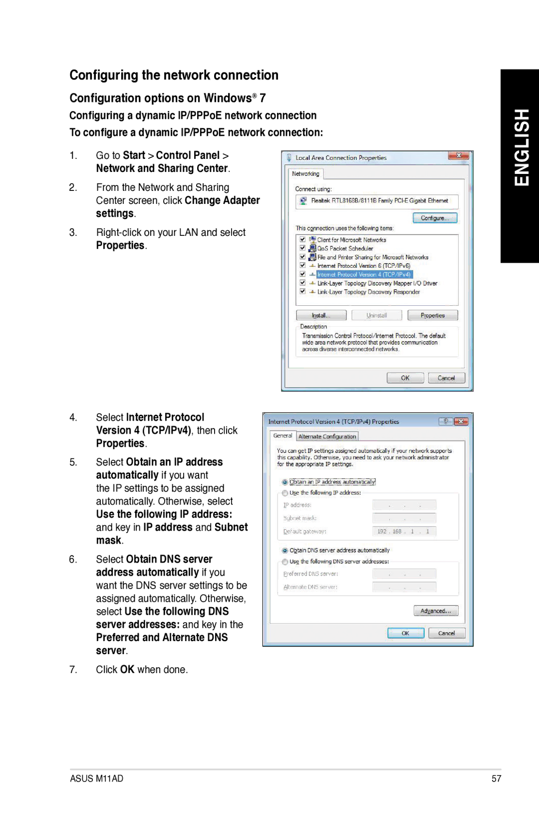 Asus M11AD Configuring the network connection, Configuration options on Windows, Preferred and Alternate DNS server 