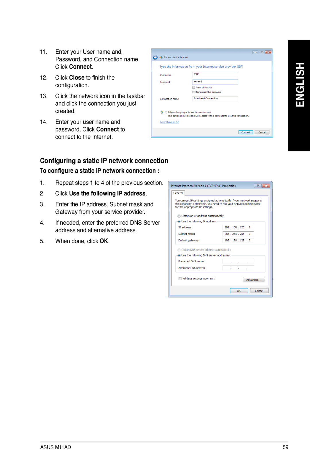 Asus M11AD Configuring a static IP network connection, To configure a static IP network connection, When done, click OK 